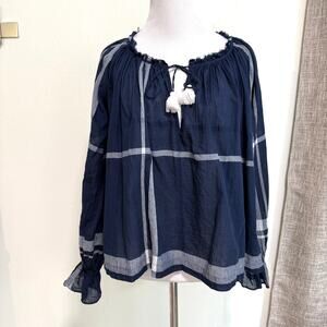 Mii Aux Nuits Womens Balloon Sleeve Blouse XS Blue Cotton Gauze Cottage Peasant